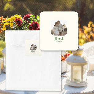 Wedding Couple Add Photo Green Monogram Square Sticker