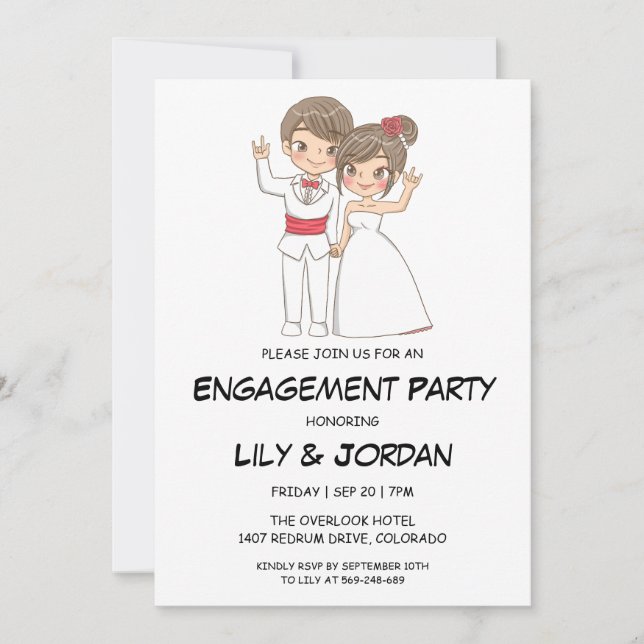 Wedding couple cartoon engagement invitations (Front)