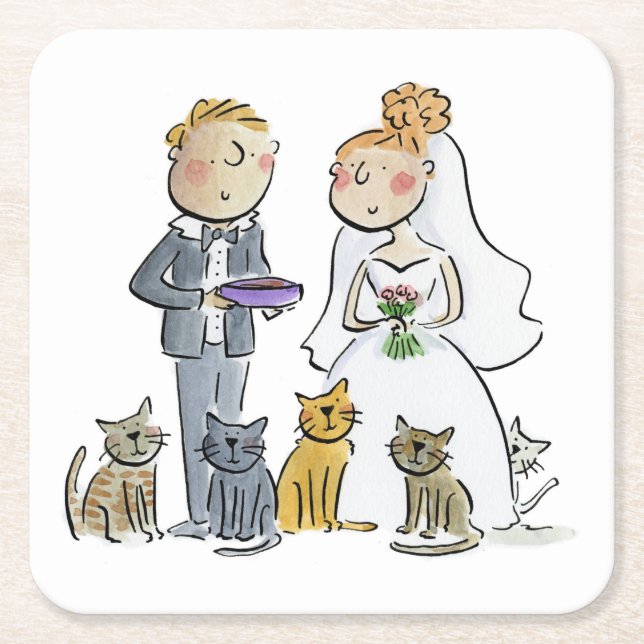 Wedding Couple Cats Paper Coaster (Front)