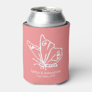 Wedding Couple Custom Names Butterfly Coral Can Cooler