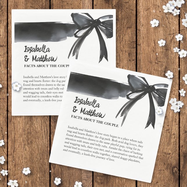 Wedding Couple Facts Trendy Bow Black and White  Napkin ( Wedding Couple Facts Trendy  Watercolor Bow Black and White  Napkins with elegant simple poem text)