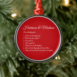 Wedding Couple Fun Facts Script names Christmas Metal Ornament