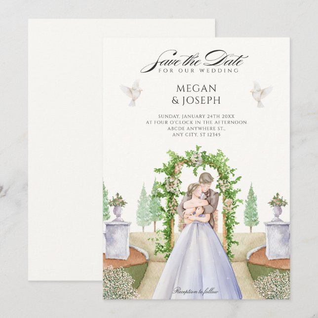 Wedding couple garden watercolor save the date (Front/Back)