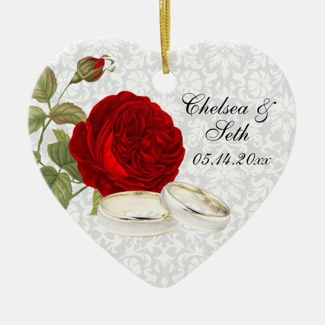Wedding Couple Keepsake | Red Roses Ceramic Ornament (Front)
