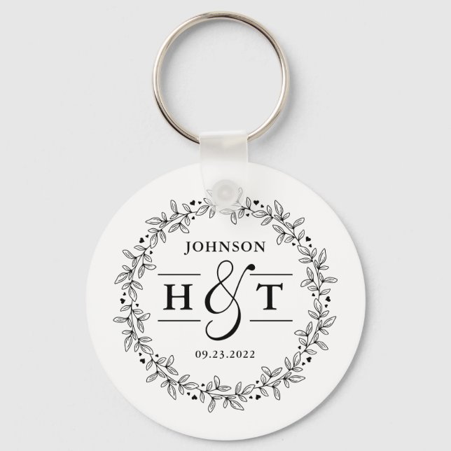 Wedding Couple Letter Monogram Floral Frame Round  Key Ring (Front)