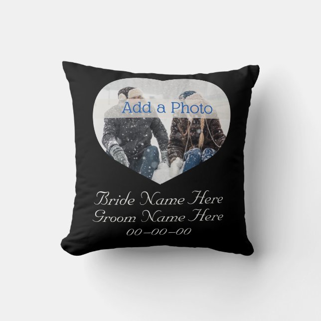 Wedding Couple Modern Heart Photo Black and White Cushion (Front)