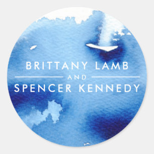 WEDDING COUPLE modern navy blue watercolor Classic Round Sticker
