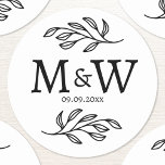 Wedding Couple Monogram Date Elegant Botanical Classic Round Sticker<br><div class="desc">Add a touch of class to your wedding with this unique personalised couple monogram initial and wedding date botanical leaves design.  Modern,  minimalist and simple serif font for a sophisticated look. Ideal for your wedding stationery and favours.  Original art by Nic Squirrell.</div>