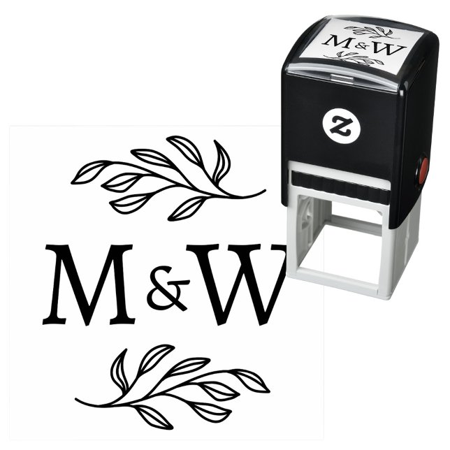 Wedding Couple Monogram Elegant Botanical Self-inking Stamp (Modern wedding couple monogram logo initials self inking stamp with botanical leaf sprig)