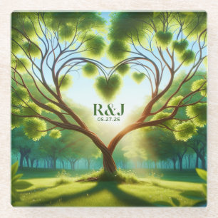 Wedding Couple Monogram Green Glass Coaster