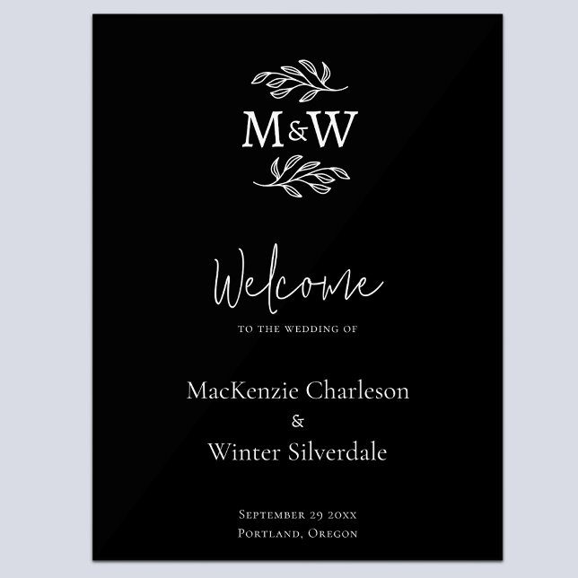 Wedding Couple Monogram Initials Botanical Welcome Acrylic Sign (Modern minimalist wedding couple monogram initial wedding welcome sign)