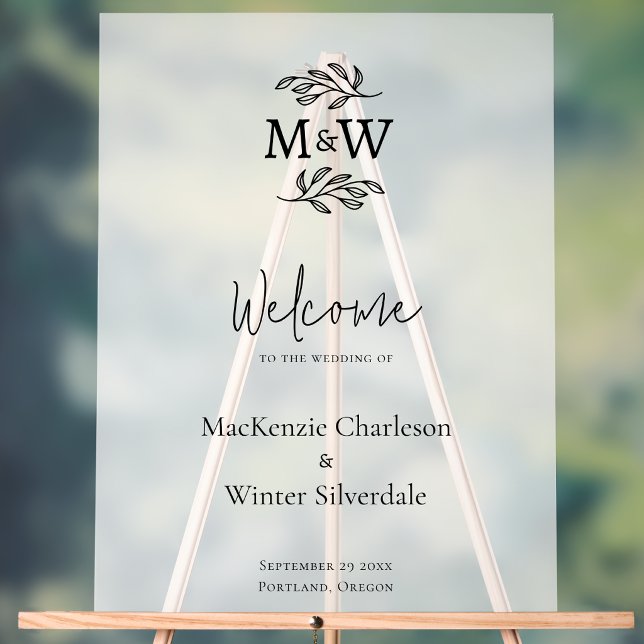 Wedding Couple Monogram Initials Botanical Welcome Acrylic Sign (Modern minimalist wedding couple monogram initial wedding welcome sign)