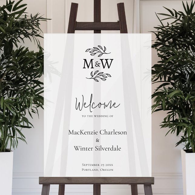 Wedding Couple Monogram Initials Botanical Welcome Acrylic Sign (Modern minimalist wedding couple monogram initial wedding welcome sign)