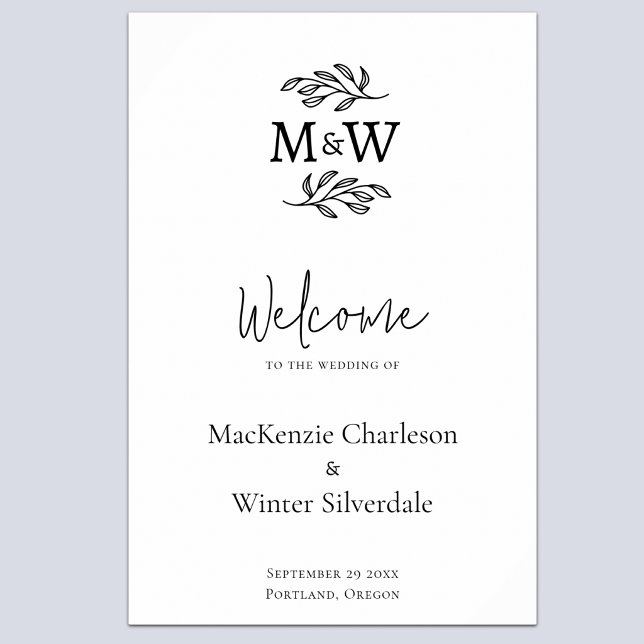 Wedding Couple Monogram Initials Botanical Welcome Poster (Modern minimalist wedding couple monogram initial wedding welcome sign)