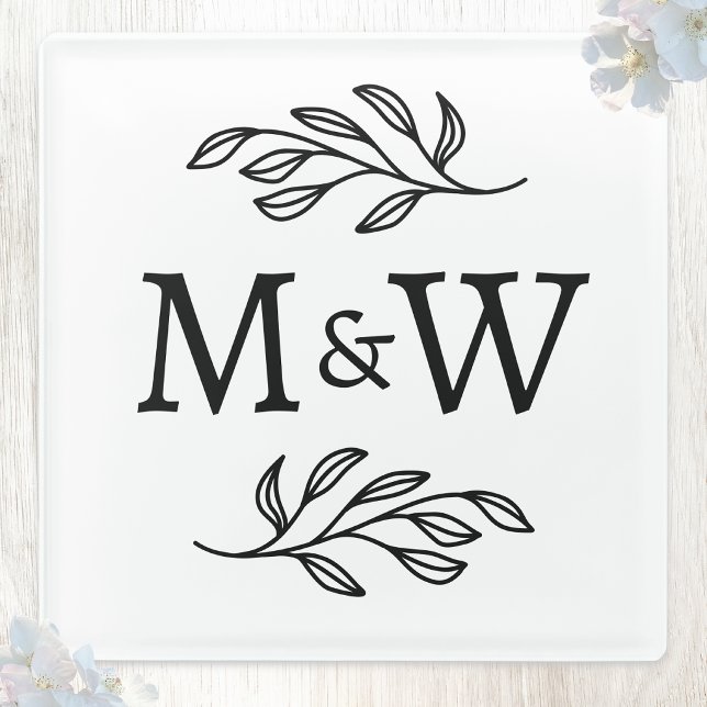 Wedding Couple Monogram Initials Elegant Botanical Glass Coaster (Wedding couple monogram initials coaster)
