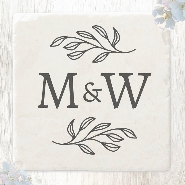 Wedding Couple Monogram Initials Elegant Botanical Stone Coaster (Wedding couple monogram initials coaster)