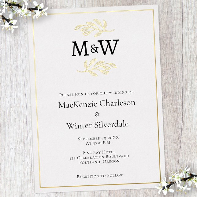 Wedding Couple Monogram Initials Minimalist (Modern gold foil wedding invitation with couple monogram initials and botanical leaf line art)