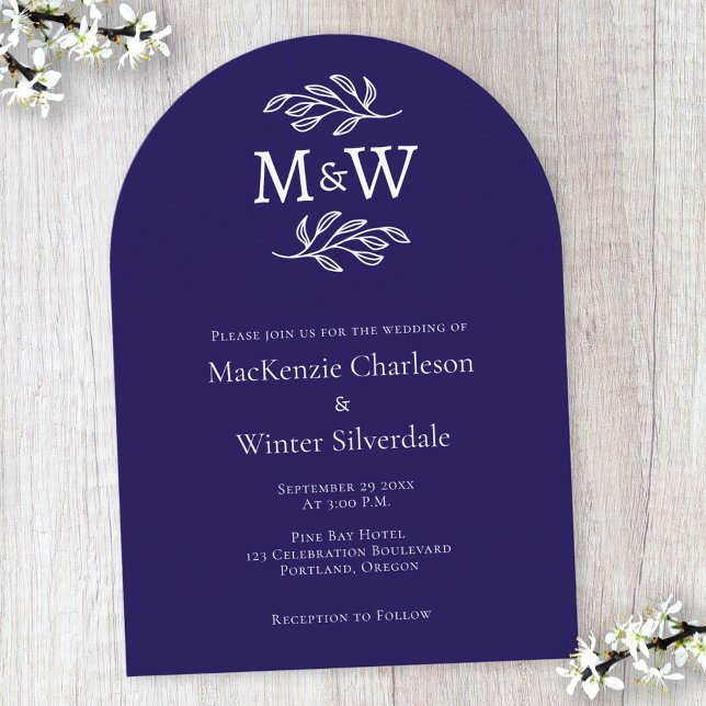 Wedding Couple Monogram Initials Navy Blue Arch  Invitation (Modern navy blue arch wedding invitation with couple monogram initials and leaf sprig line art)