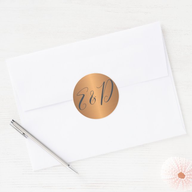 Wedding couple monogram name initials gold navy classic round sticker (Envelope)