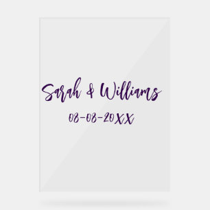 Wedding couple. Name date purple simple minimal mo Acrylic Sign