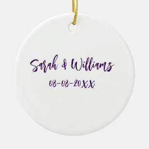 Wedding couple. Name date purple simple minimal mo Ceramic Ornament