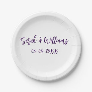 Wedding couple. Name date purple simple minimal mo Paper Plate