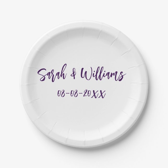 Wedding couple. Name date purple simple minimal mo Paper Plate (Front)