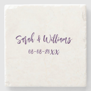 Wedding couple. Name date purple simple minimal mo Stone Coaster