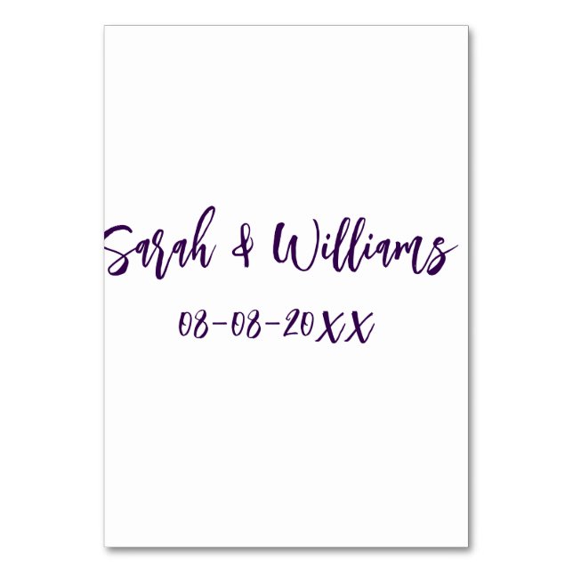 Wedding couple. Name date purple simple minimal mo Table Number (Front)
