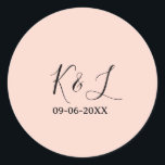 Wedding couple name letter date red pastel backgro classic round sticker<br><div class="desc">Design</div>