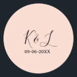Wedding couple name letter date red pastel backgro classic round sticker<br><div class="desc">Design</div>