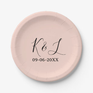 Wedding couple name letter date red pastel backgro paper plate