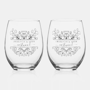 Wedding Couple Name Logo Stemless Wine Glass