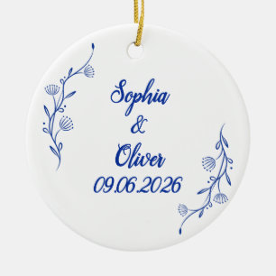 Wedding Couple Names & Date Floral Line Art Ceramic Ornament
