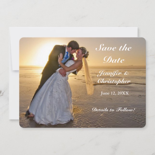 Wedding Couple on Sunset Beach Save the Date Card (Front)