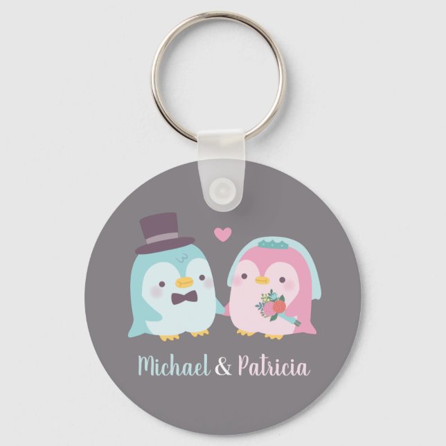Wedding Couple Penguin Groom and Bride Key Ring (Front)