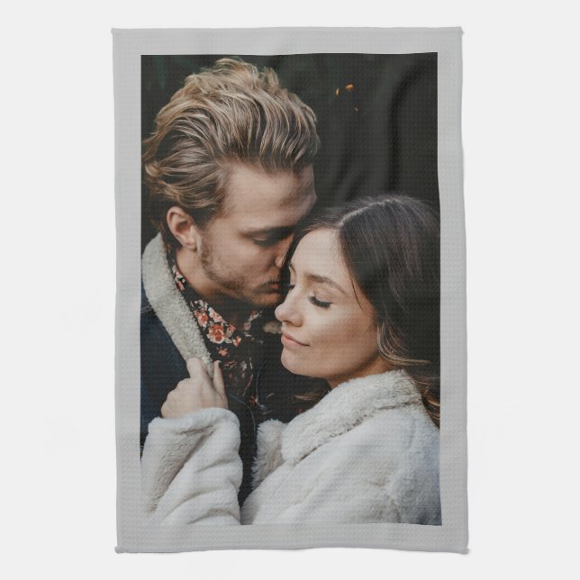 Wedding Couple Photo, Light Grey Border Tea Towel (Vertical)