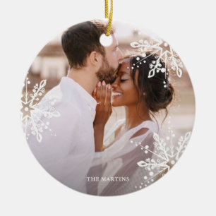 Wedding Couple Pretty Snowflake Overlay Photo Ceramic Ornament