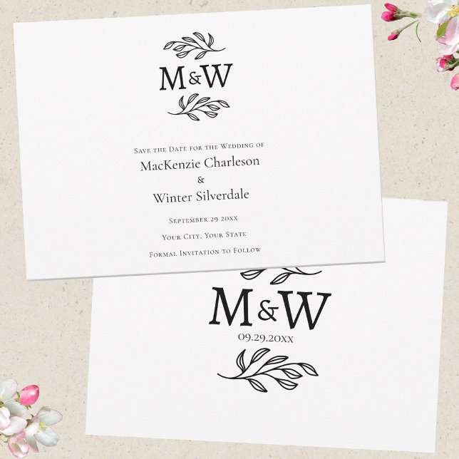 Wedding Couple Simple Monogram Initials Minimalist Save The Date (Modern elegant save the date wedding invitations with couple monogram initials & botanical line art)