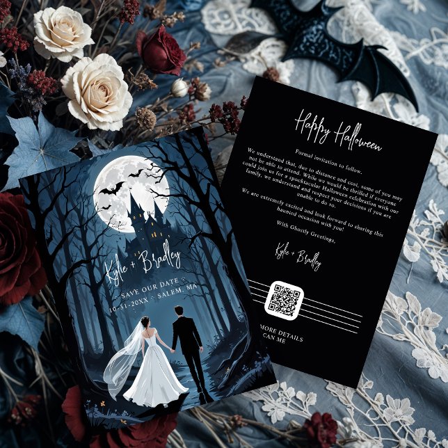 Wedding Couple Spooky Forest Toward Haunted Castle Save The Date (Wedding Couple in Spooky Forest Toward Haunted Castle Save the Dates Cards with QR Code.)