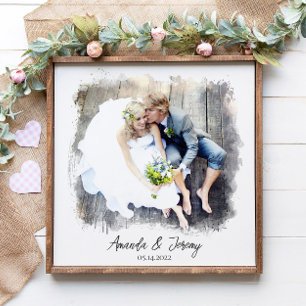 Wedding Couple Watercolor Photo Names Keepsake Poster