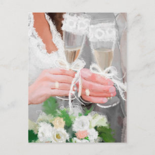 Wedding couple with champagne glasses postcard