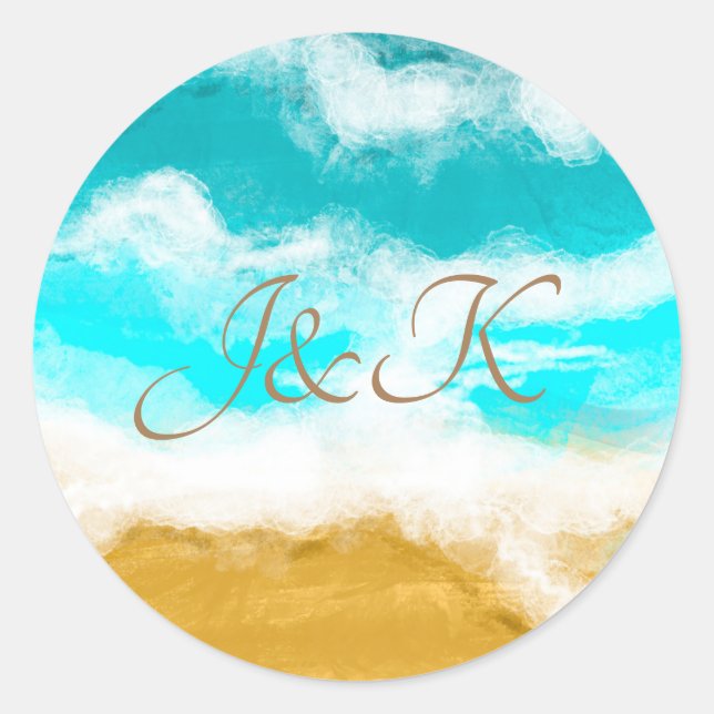 Wedding Couple's Initials Ocean Waves  Classic Round Sticker (Front)