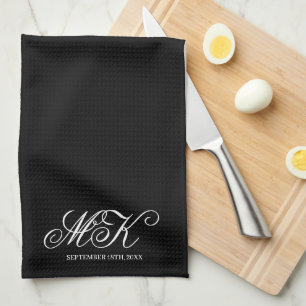 Wedding Couples Initials Script Monogram Black Tea Towel
