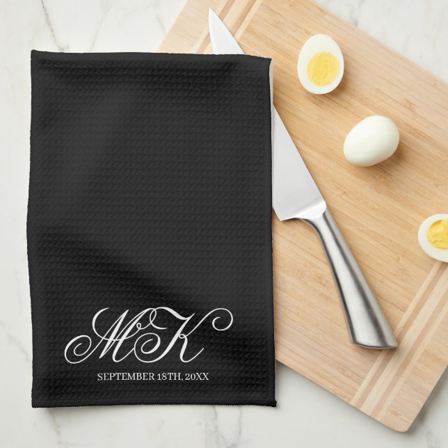 Wedding Couples Initials Script Monogram Black Tea Towel (Quarter Fold)