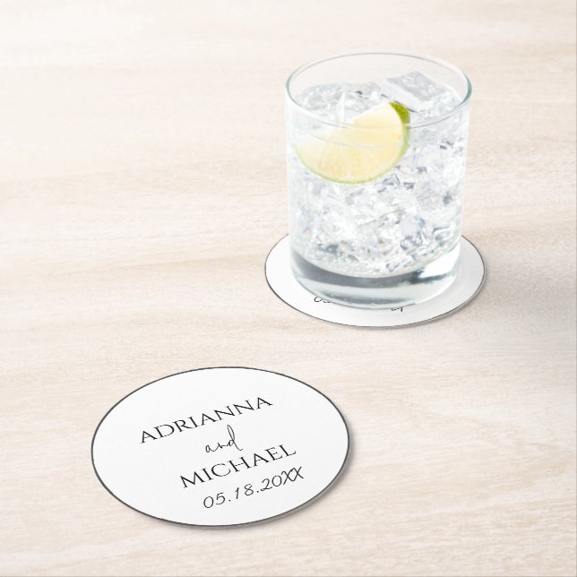 Wedding Couple's Name and Date White Round Paper Coaster (Insitu)