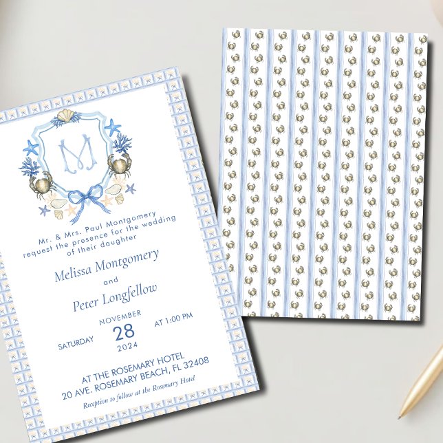 Wedding Crab Crest Calligraphy Monogram Invitation (Creator Uploaded)