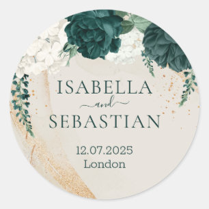 Wedding Cream Beige Emerald Green Rose Floral Classic Round Sticker