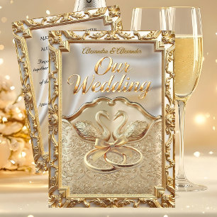 Wedding Cream Gold Swans Rings Gold Diamonds Invitation