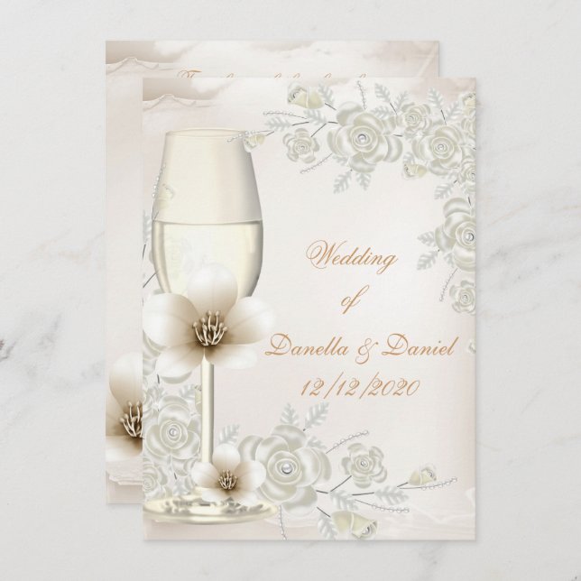 Wedding Cream Sepia Champagne Glass Flowers Invitation (Front/Back)